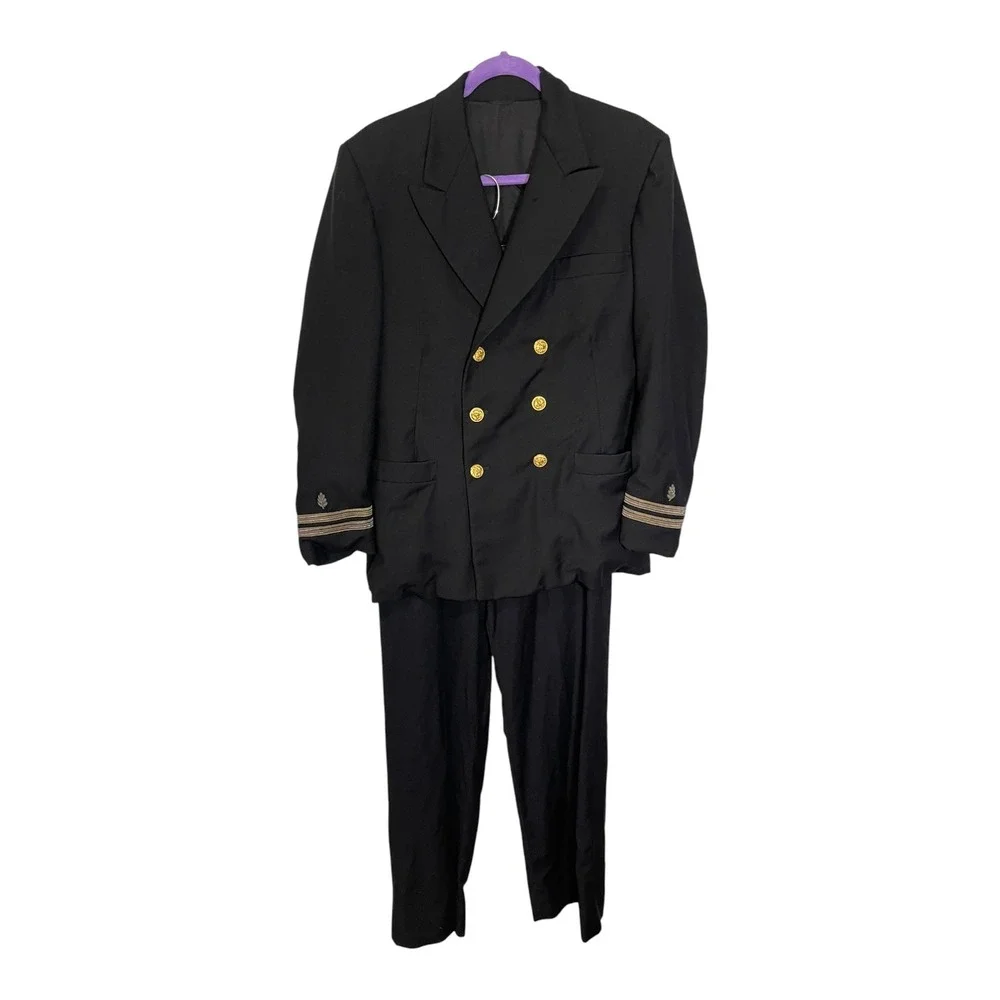 Vintage S. Davis Clothing 40R Black Suit Double Breasted Naval Officer Military
